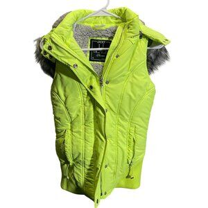 LJ Black Premium Womens Vest S Neon Yellow Faux Fur Hood Winter